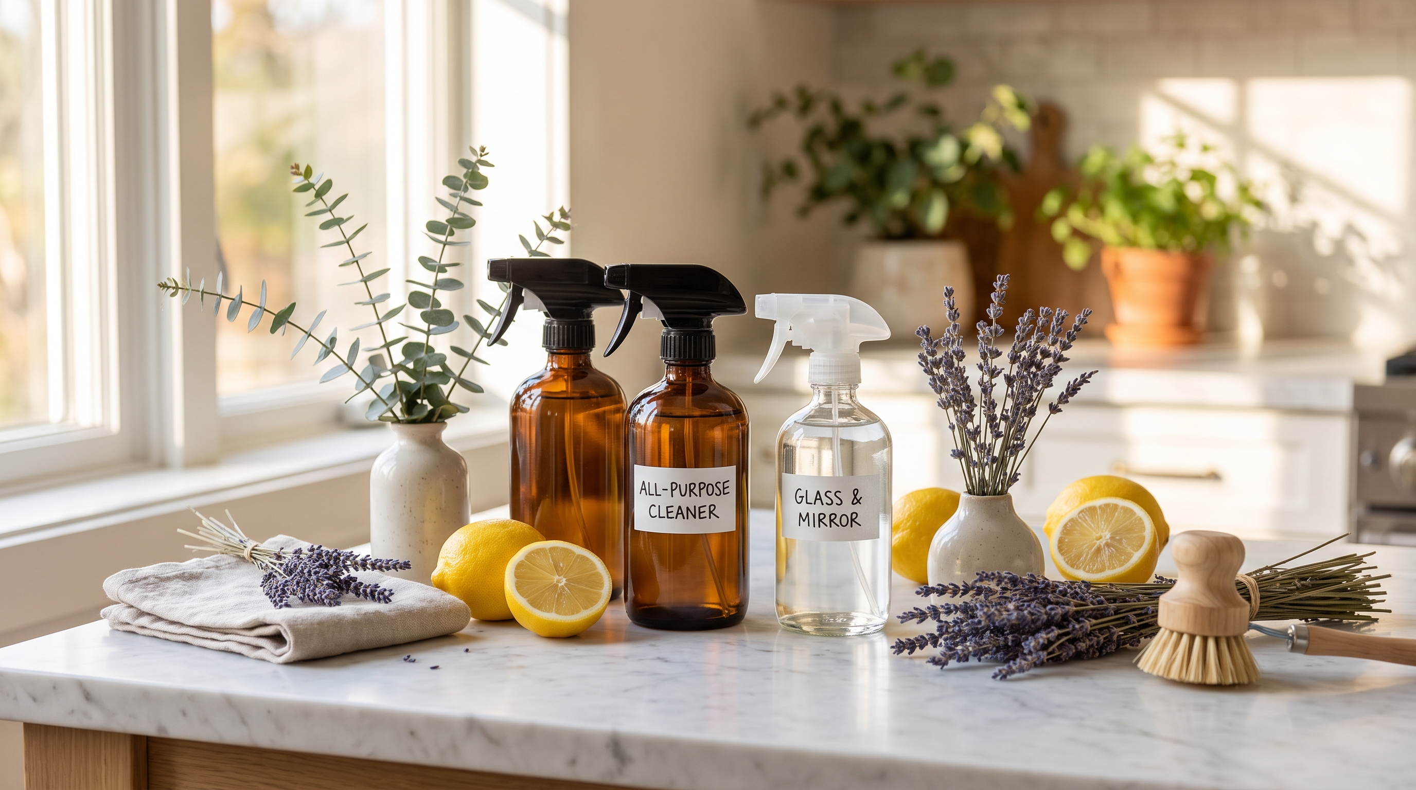 Productos de limpieza ecológicos sobre superficie blanca